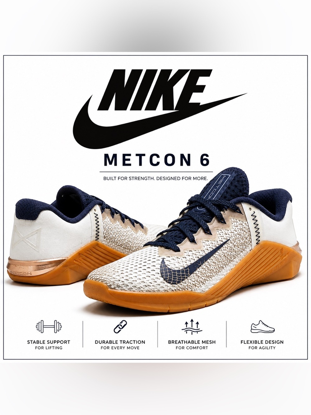 Nike Metcon 6 Training Shoes White/Navy Gum Sole | Women’s Size 8.5